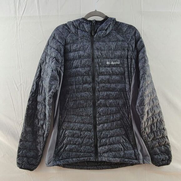 Columbia Gray Floral Print Puffer Hooded Jacket Front Zip Pockets Long Sleeves L - Picture 1 of 8